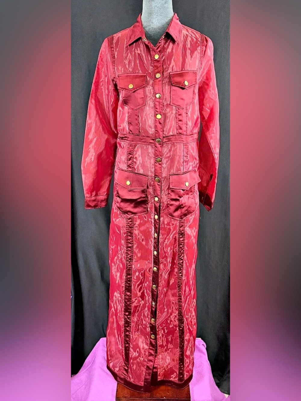 Hot & Delicious AKIRA Dress Shirt Over coat Maxi Sheer Burgundy NWT Snap Buttons